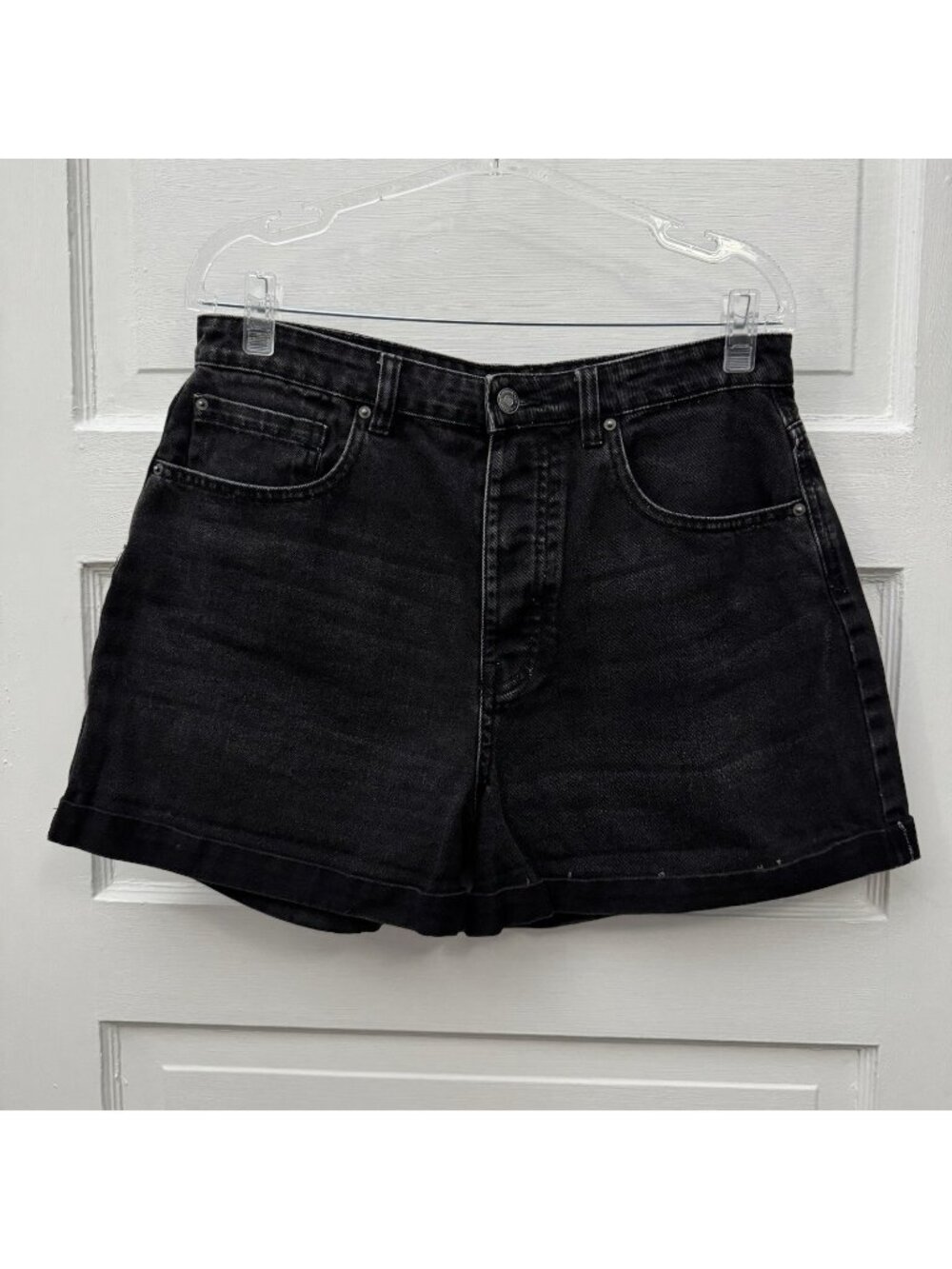 Stradivarius Womens 10 Black Denim Shorts High Rise Heart Patch Button Fly